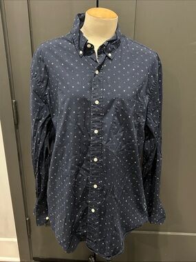 J. Crew Navy Button-Down Shirt with Small White Geo Print